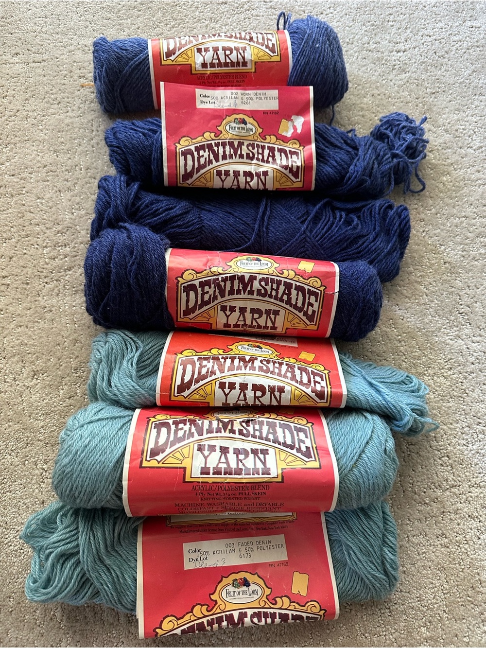 Vintage Fruit of the Loom rare Denim Shade Yarn Skeins in Dark Blue & Light Blue
